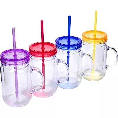 Plastic Mason Jars With Handles Lids And Straws | 20 Oz Double Insulated Tumble • $41.04