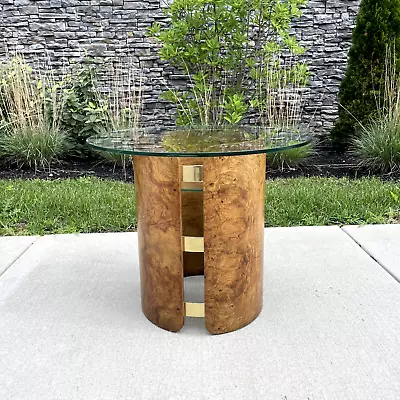 Vintage Burl Wood Veneer Brass And Glass Side End Table Milo Baughman Style • $499