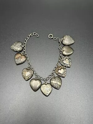 Vintage Sterling Silver Puffy Heart 10 Charm Sweetheart Bracelet • $61