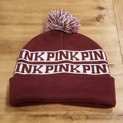 Pink Victoria Secret Beanie Hat Cap Red Spell Out Stripes Fold Over Pom • $7.88
