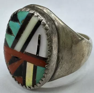Vintage Sterling Silver Turquoise Coral Shell Ring Zuni Mens Native Size 9.25 A • $99.99