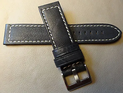 Genuine Leather Black High Contrast White Stitching 22mm Smartwatch Watch Band • $13.47