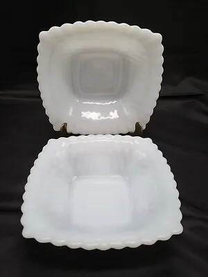Set Of 2 Anchor Hocking Milk Glass Square Bowl Diamond Hobnail Design Sawtooth • $22.50