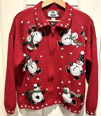 Vintage 80s Red Ugly Christmas Sweater Tiara International Funny Snowmen Large • $19.99