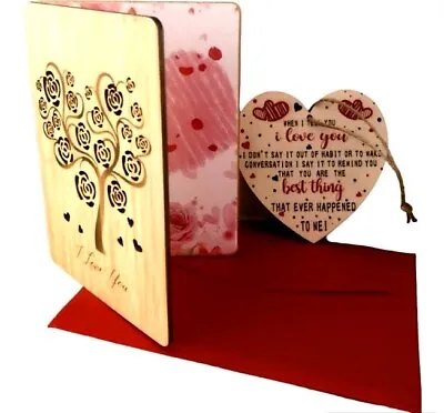 £5.99 • Buy Birthday Card Wooden Roses Red Anniversary I LOVE YOU Keepsake Heart Plaque UK