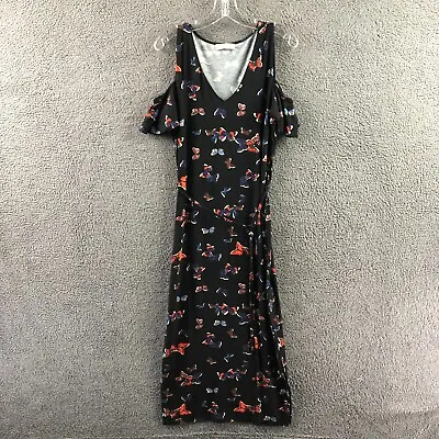 Oasis Size Small Black Mix Butterfly Print Cold Shoulder Sleeve Midi Dress • £11.99