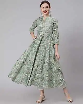 Indian Women Green Floral Print Anarkali Kurta Kurti Dress Top Tunic Pakistani • £21.59