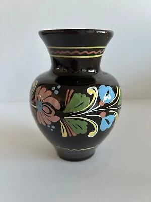 Foreign Brown Hand Painted Pottery Vase 14.5cm Tall • £2.99