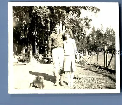 Found Vintage Photo C+3720 Man Posed With Pretty Woman By Dog • $6.98