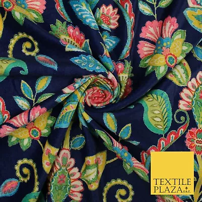 Navy Blue Bright Floral Printed Micro Velvet Velour NonStretch Dress Fabric 8813 • £2