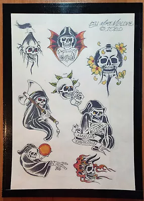 RARE 1980 Mike Rollo Malone Vintage Tattoo Flash Sheet Biker Reaper Skull 11X16  • $39.99