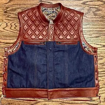 Leather Vest Brown Leather Blue Denim Diamond Quilted Biker Vest Motorcycle • $195