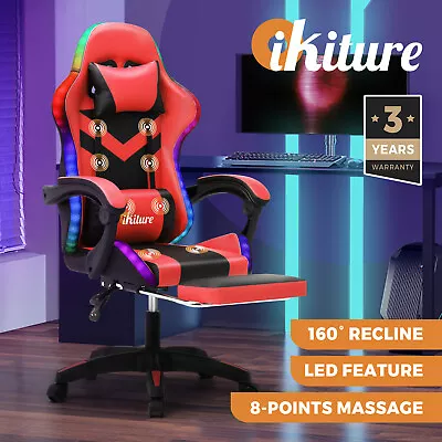 Oikiture Gaming Chair 7 RGB LED 8 Points Massage Racing Recliner Office Computer • $169.90