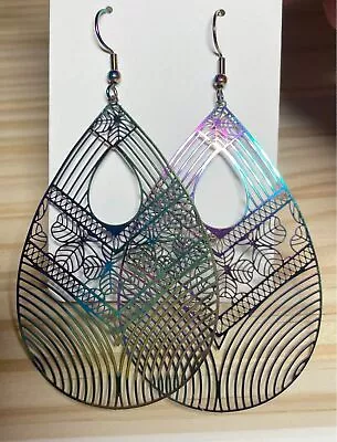 HANDMADE Pair Rainbow Tear Drop Laser Cut Charm Hook Earrings • $11.95
