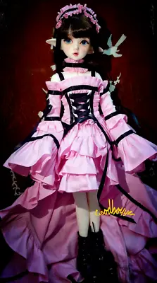 1/6 1/4 1/3 BJD Outfit Doll Clothes Pink Dress+Chocker Black Edge Ribbons Deco • $40.50