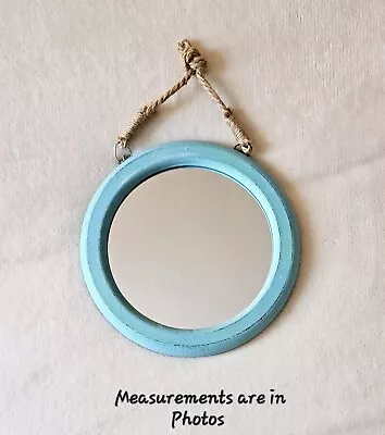 Distressed Turquoise Blue Wood Porthole Style Mirror Rope Hanger Beach Nautical • £18.29