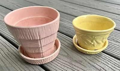 Vintage McCoy Ceramic Pottery Flower Pots Yellow Pink Attached Saucer NC Estate • $24.95
