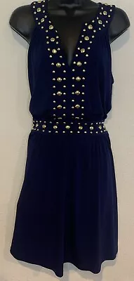 Michael Kors Navy Blue Sleeveless Dress Notched Neck Gold Studs Size L Large • $39.99