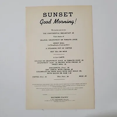 $26.09 • Buy 1950s Southern Pacific Dining Car Breakfast MENU California Railroad Train