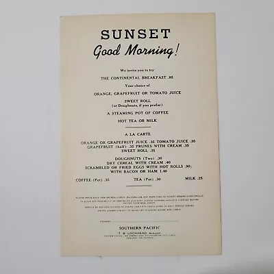 $26.09 • Buy 1950s Southern Pacific Dining Car Breakfast MENU California Railroad Train
