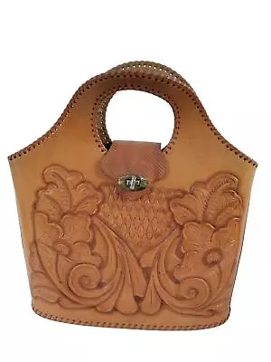 Womens Tan Leather Embossed Floral Pattern Handbag Grab Tote Purse • £18.49