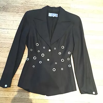 VINTAGE THIERRY MUGLER BLAZER Suit JACKET BLACK Linnen W Silver Grommets Sz 36FR • $385