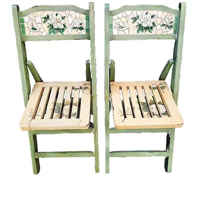 VTG Wooden Folding Slatted Deck Lawn Chairs Green/Yellow Floral French Country • $81.26