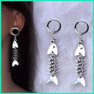 Pair Dangling Skull Fish Bone Ear Tunnels Ear Gauges Body Jewelry Piercings • $16.37