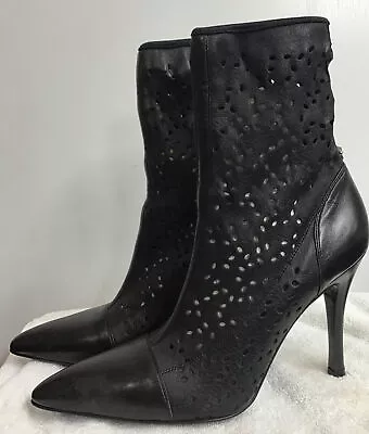 Gianni Versace Black Pointed Toe Boot Ankle Perforated Leather Size 39.5 New • $250