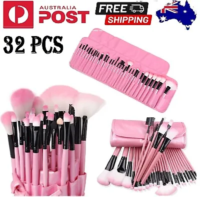 $21.99 • Buy NEW 32 Pink Cosmetic Makeup Brushes Brush Set Kit Leather Case Make Up Sponge AU