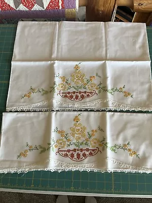 Set Of 2-Vintage Embroidered Pillow Cases Crocheted Edge Floral With Dish • $9.99