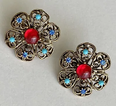 Vintage STUNNING Red Glass Cabochon W/ Turquoise & Blue Crystal Flower Earrings  • $25