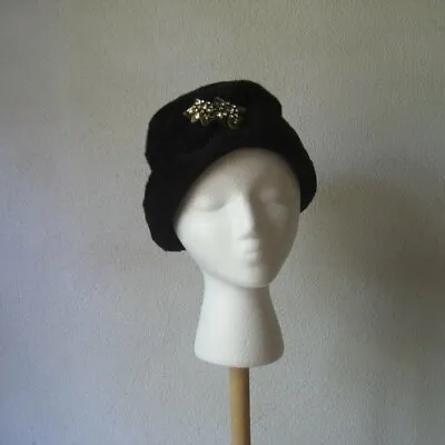 Vintage L 60s Marche Exclusive Designer Black Faux Fur Rhinestone Pin Brooch Hat • $78