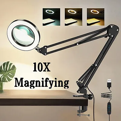 $35.99 • Buy 10X Magnifying Glass Desk Light Night Reading Lamp 3Color Modes Clamp Swivel Arm