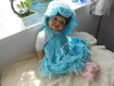 Hand Knitted Turquoise *Dolphin* Dress Set Baby Girl 0-3mth/reborn 19-22  *NEW* • £19.99