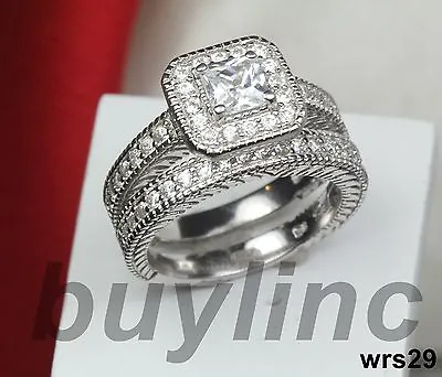 2.3c Princess Cut Vntg Pave Sterling Silver Cz Engagement Ring Wedding Ring Set • $17.07