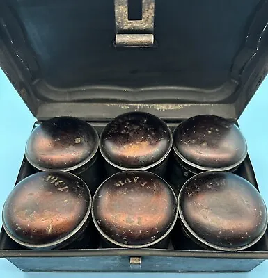 Antique Victorian Toleware Tin Box & 6 Spice Canisters Old Kitchen Spices Decor • $59.99