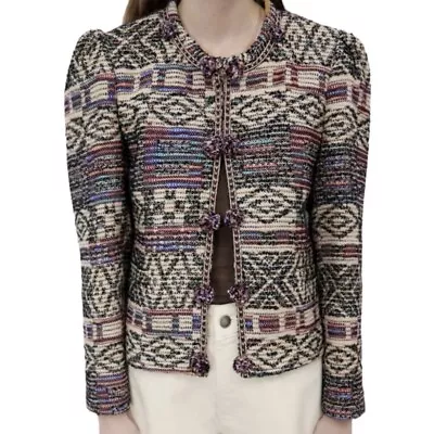 Zara Jacquard Jacket Wool Cotton Blend Round Collar Cropped Multicolor Size XL • $50