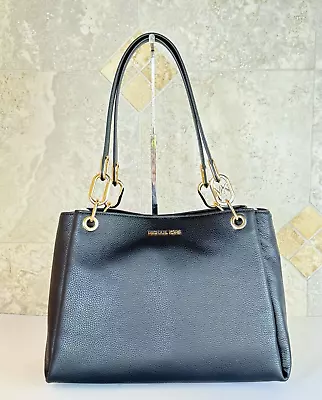 Michael Kors Trisha Large Triple Gusset Shoulder Tote Leather Bag Black • $108.80