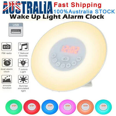 $38.57 • Buy Wake-up Light Sunrise Alarm Clock LED FM Radio Bedside Sounds Night Lamp Gifts