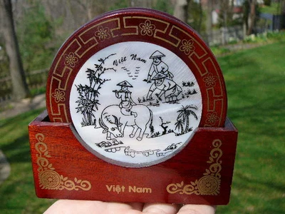 $9.99 • Buy Set Of 6 Vietnam Made Farmer Themed Shell Inlaid Wood Coaster & Holder