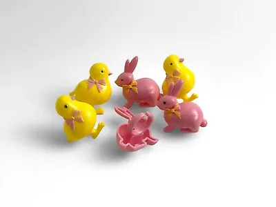 Vintage Plastic Easter Bunny Chick Rings Cupcake Toppers So Cute! • $10.56