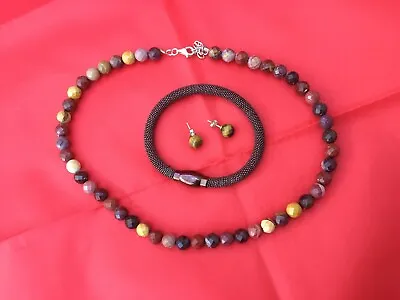 Shades Of Brown Gemstone Necklace 43cm Stud Earrings & Magnetic Bracelet • £18