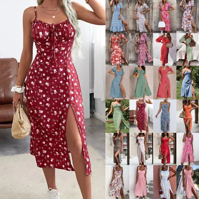 £4.29 • Buy Womens Summer Floral Strappy Cami Midi Dress Ladies Holiday Beach Split Sundress