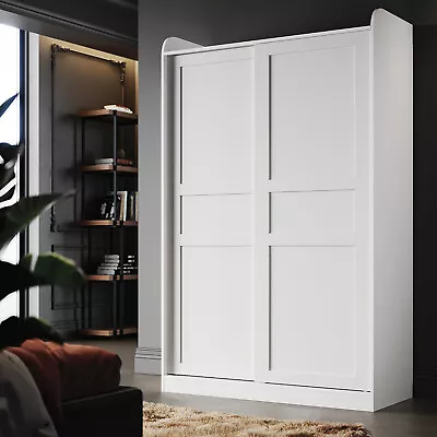 Bedroom 2 Sliding Door Wardrobe Matt White With 2 Hanging Rail Storage Cupboards • £236.98