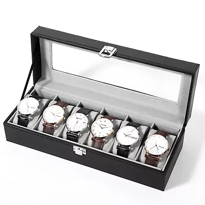 6/12 Slot PU Leather Case Organizer Watch Box Storage Display Top Glass NEW • $25.10