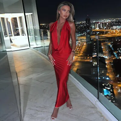 Sexy New Women V Neck Sleeveless Solid Backless Bodycon Club Party Long Dress • $19.91