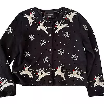 Michael Simon Cardigan Christmas Sweater Art Santa Claus Beaded Reindeer Large • $123.67