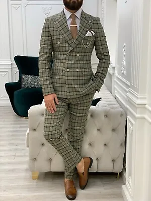 Men's Plaid Double Breasted Khaki Suit Italian Cut Slim Fit Wedding Jacket Pants • $99