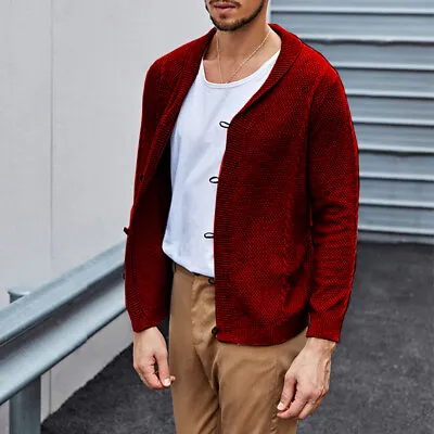 Men's Cardigan Lapel Leather Button Solid Color Cable Long Sleeve Sweater • $28.56